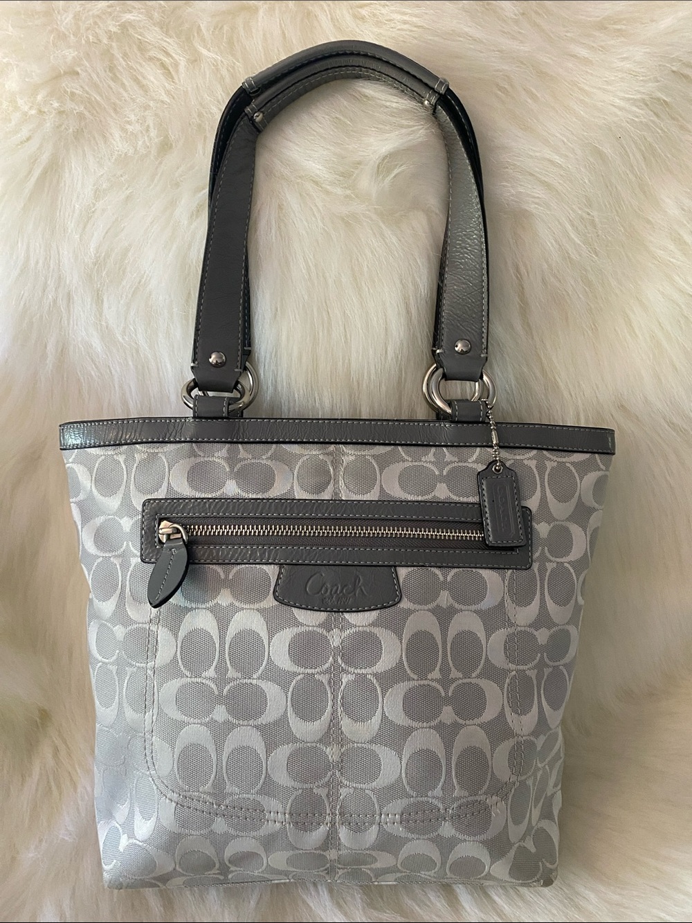 Coach Signature Penelope Lunch Tote in Gray Signature Jacquard and Leather Trim